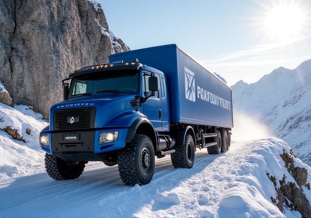 Vehículo de Peak Swift Delivery circulando por alta montaña nevada